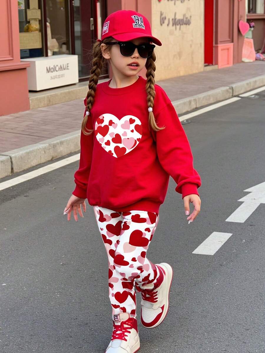 Young Girl Casual Heart Pattern Long Sweatshirt And Leggings 2 Pieces Clothes Outfit Set