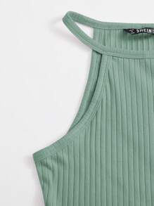 SHEIN EZwear Women's Solid Color Rib-Knit Halter Bodysuit - Mint Green - View 4