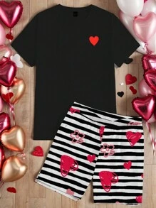 Manfinity VCAY 2pcs Casual Knit Loose Drop Shoulder Round Neck Heart Embroidered T-Shirt And Striped Heart Flower Print Loose Shorts Set - Multicolor - View 1