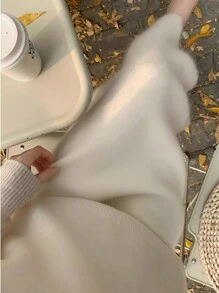 Chiquease 2024 Autumn/Winter New Stylish Soft & Fluff Faux Fur High Waist H-Line Slit Hem Knitted Maxi Skirt