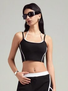 LYSMO Mujer Top deportivo informal recortado con detalles de bloqueo de color - Negro - Ver 3