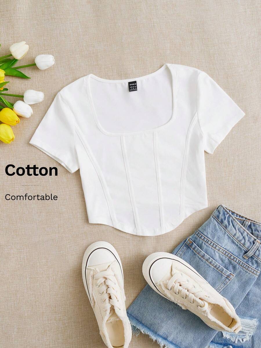 SHEIN EZwear Square Neck Seam Front Tee - White - View 1