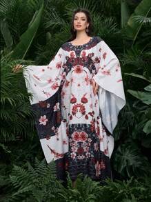 Al Najma Women's Floral Print Round Neck Batwing Elegant Turkish Dress, Modest Kaftan - Multicolor - View 6