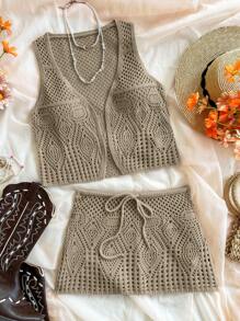 SHEIN Unity Lässiges/Urlaubsmäßiges 2-teiliges Set aus Cut Out gestrickter Weste und Rock - Khaki - Übersicht 1