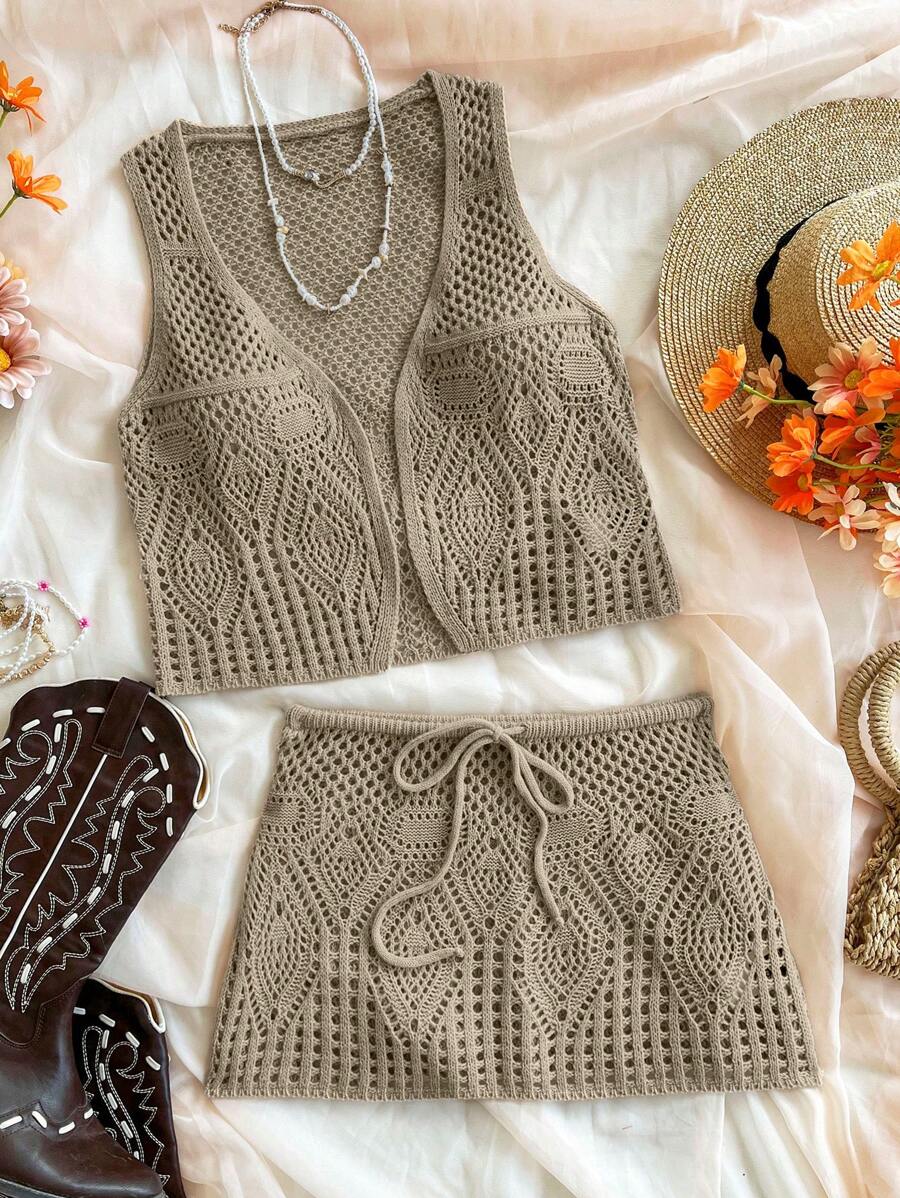 SHEIN Unity Lässiges/Urlaubsmäßiges 2-teiliges Set aus Cut Out gestrickter Weste und Rock - Khaki - Übersicht 1