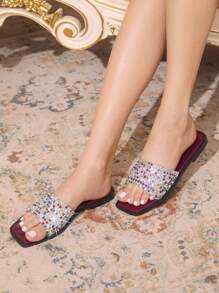 CUCCOO TILAWA New Outdoor Women Flat Sandals, Square Toe Rhinestone Silver Slip-On Slippers, Casual Comfortable Party & Commute Summer Shoes, Thick Sole Anti-Slip Sandals Spring Shoes Spring Break Easter - Burgundy - View 12