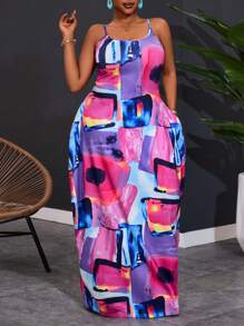 Slaydiva Plus Size Women Geometric Printed Sleeveless Casual Beach Dress With Pockets, Versatile For Spring & Summer - Multicolor - View 8