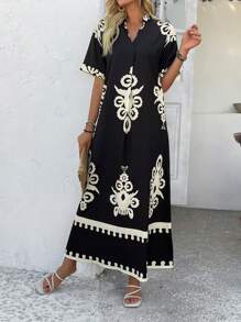 SHEIN Clasi 女士度假宽松直领连衣裙 - 黑色 - 查看 5