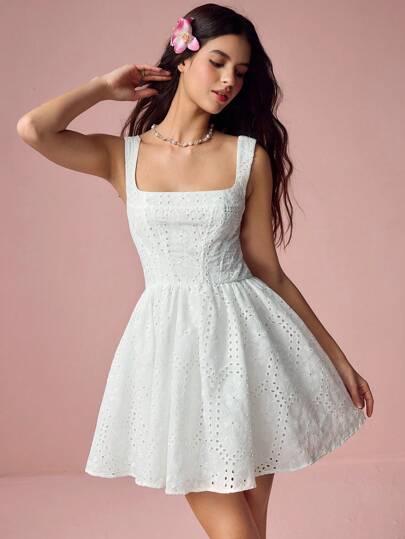 Enchnt Spring And Summer Romantic Women's White Delicate Floral Eyelet Hollow Embroidery Square Neck Sleeveless Cute Princess Mini Dress, Sweet And Elegant, Suitable For Wedding Season, Holidays, Vacation, Sweet Date And Graduation Season, Women's Summer Clothing, Dress Elegant