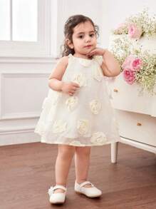 女婴优雅花卉无袖杏色连衣裙，夏季