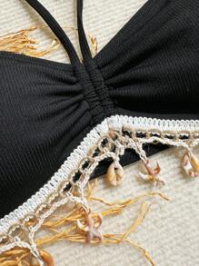 Swim Vcay 1 pieza Parte superior de traje de baño para mujer con cuello de halter y tela acanalada, con diseño de elementos oceánicos y borlas, casual y cómodo para las vacaciones en la playa - Negro - Ver 4