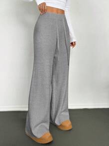 SHEIN EZwear 大码女式黑色毛衣，休闲纯色抽绳腰宽松阔腿针织裤，黑色，女士冬装