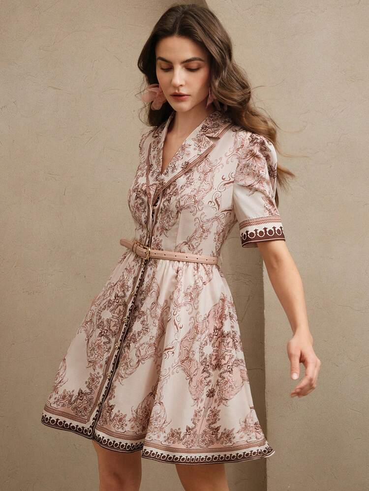 Women's Floral & Retro Pattern Single-Breasted Cinched Waist Waist V-Neck Mini Dress, Elegant Design For Festival, Going Out, Vacation, Boho Spring/Summer