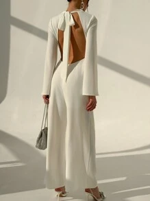 Aloruh 简约办公室通勤装女式宽领长袖深 V 背长腿连体裤 - 白色 - 查看 1