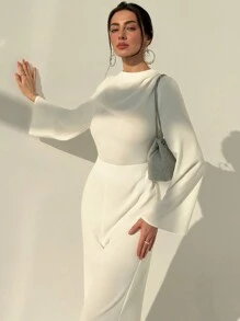 Aloruh 简约办公室通勤装女式宽领长袖深 V 背长腿连体裤 - 白色 - 查看 7