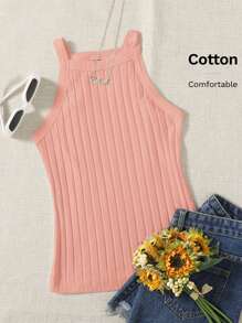 SHEIN EZwear 羅紋針織吊帶上衣 - 珊瑚粉 - 查看 6