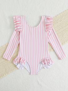 SHEIN 年轻女孩条纹圆领长袖合身休闲泳衣