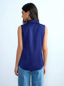 Lumivelle Elegant New Satin Shirt Blouse, Mid-Length Top With Lapel Drapery, Women Fashion Solid Color Sleeveless Turndown Collar Shirt, Office Workwear