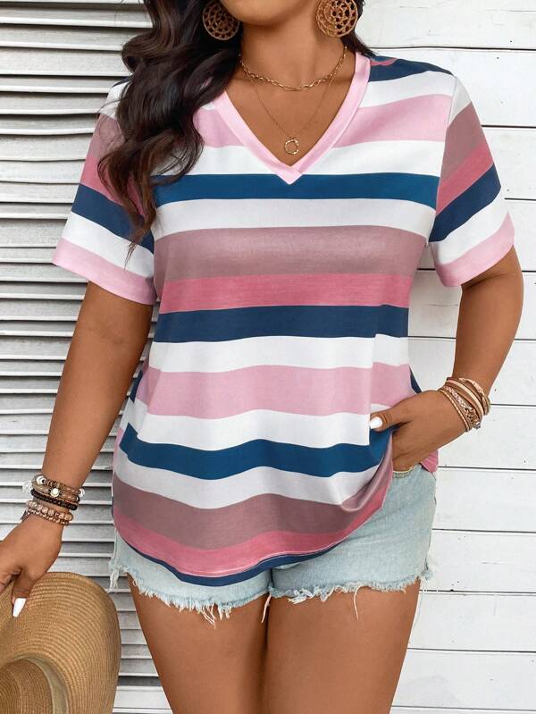 SHEIN VCAY Camiseta casual de manga corta con cuello en V y rayas de colores múltiples para mujer de talla grande