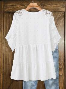 SHEIN LUNE Áo cánh tay ngắn ren tương phản Jacquard cỡ lớn cho nữ - trắng - Xem 2