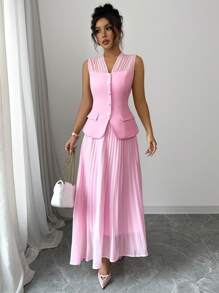 Rafferiza 2 件套女士简约前扣无袖上衣和裙子套装 - 淺粉色 - 查看 4