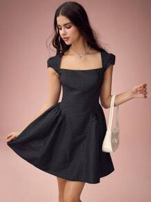 Enchnt Vestido sencillo con mangas abullonadas, estampado de lunares y cuello de cisne para mujer