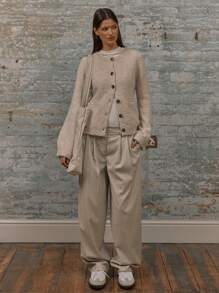 MUSERA Knit Longline Crew Neck Front Pockets Button Up Cardigan