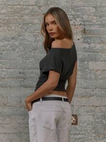 MUSERA Asymmetric Neck Ruched Short Sleeve Top Summer Ibiza Fall