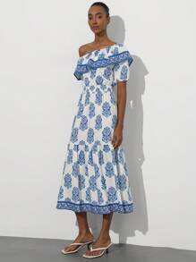 Aveloria Modichic Vestido largo tipo A elegante de vacaciones con estampado vintage, corte de cintura marcado, hombros con volantes y contraste de color azul para mujeres
