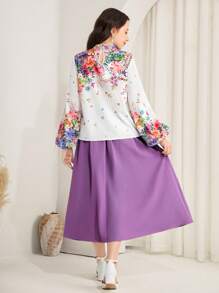 SHEIN Teen Girl 2 Pieces Outfit: Floral Print Long Sleeve Shirt With Decorative Buttons And Waist-Cinching A-Line Skirt, Elegant And Suitable For Spring/Summer - Purple - View 2