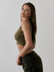 MUSERA Scoop Neck Ribbed Cropped Tank Top Vacation Spring Summer Holiday - Army Green - View 2