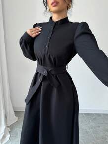 Selianne 女士优雅休闲时尚通勤长袖立领半拉链收腰纯色连衣裙 - 黑色 - 查看 3