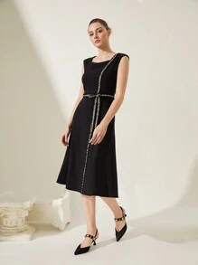 CUCCOO CHICEST Elegante preto cetim bico decoração stiletto salto médio bombas para mulheres, adequado para ocasiões formais, deslocamento, vestido, festa de casamento - Preto - Ver 2