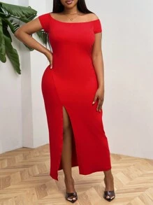 SHEIN PETITE CURVE Plus Size Off Shoulder Solid Color Dress, Simple Casual Everyday Style