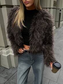 Aloruh Women's Fashionable Sexy Short Faux Fur Coat, Autumn/Winter New Arrival - Brown - View 5