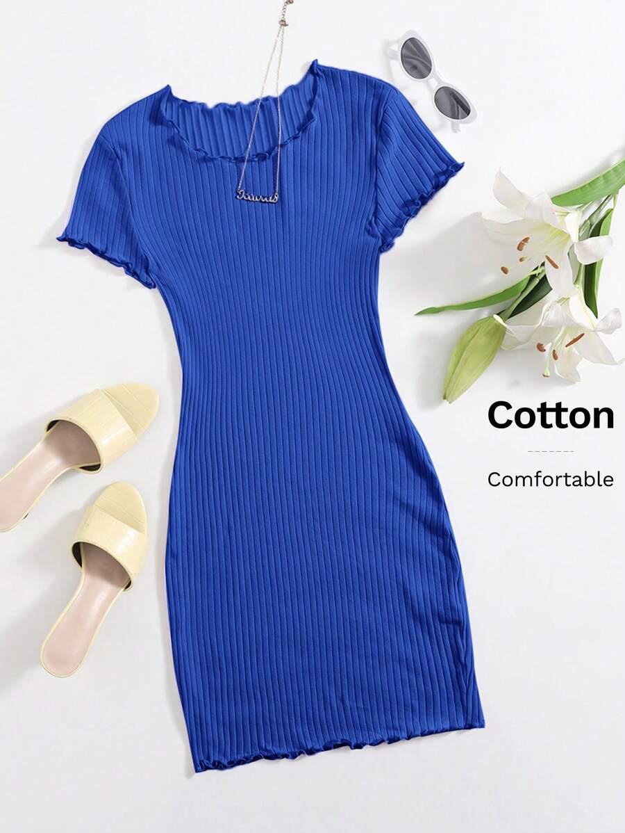 SHEIN EZwear Lettuce Trim Rib-knit Bodycon Dress - Royal Blue - View 1
