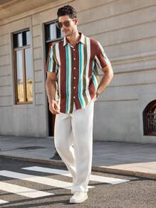 Manfinity Homme 男士休闲条纹短袖单排扣衬衫