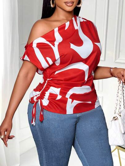 SOLERSUN Women's Plus Size Summer Geometric Printed Asymmetrical Shoulder Drawstring Ruched Side Blouse, Random Print