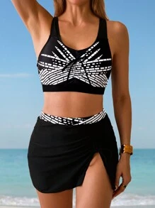 Swim Lushoire Conjunto de traje de baño estilo informal con estampado asimétrico, tirantes anchos y decoración de moño frontal para mujer, ideal para vacaciones de verano