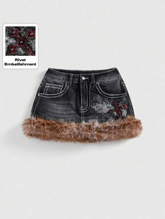 Grunge Punk Falda vaquera mini de talle bajo con parches de piel de leopardo sintética, bordado de cruz y tachuelas, estilo vintage Y2K, para otoño/invierno