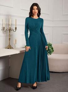 Modelyn 女士优雅纯色褶皱拼布连衣裙 - 水鴨藍 - 查看 5