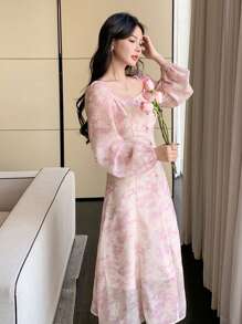 DAZY 女式春季碎花印花腰部 A 字连衣裙、休闲度假/派对装、秋季连衣裙长袖连衣裙 - 粉色 - 查看 7