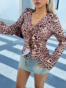 SHEIN Unity Damen Bluse mit Leopardenmuster, Rüschen und Bindebündchen an den Ärmeln
