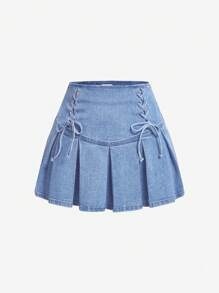 SHEIN MOD Plus Size Women Distressed Tie-Up Ruffle Hem Denim A-Line Mini Skirt - Light Wash - View 1