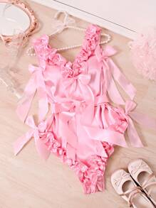 2 件褶皱分层喇叭下摆，大蝴蝶结，深 V 领缎面公主连体衣，配腰带，性感女士连体裤 - 粉色 - 查看 7