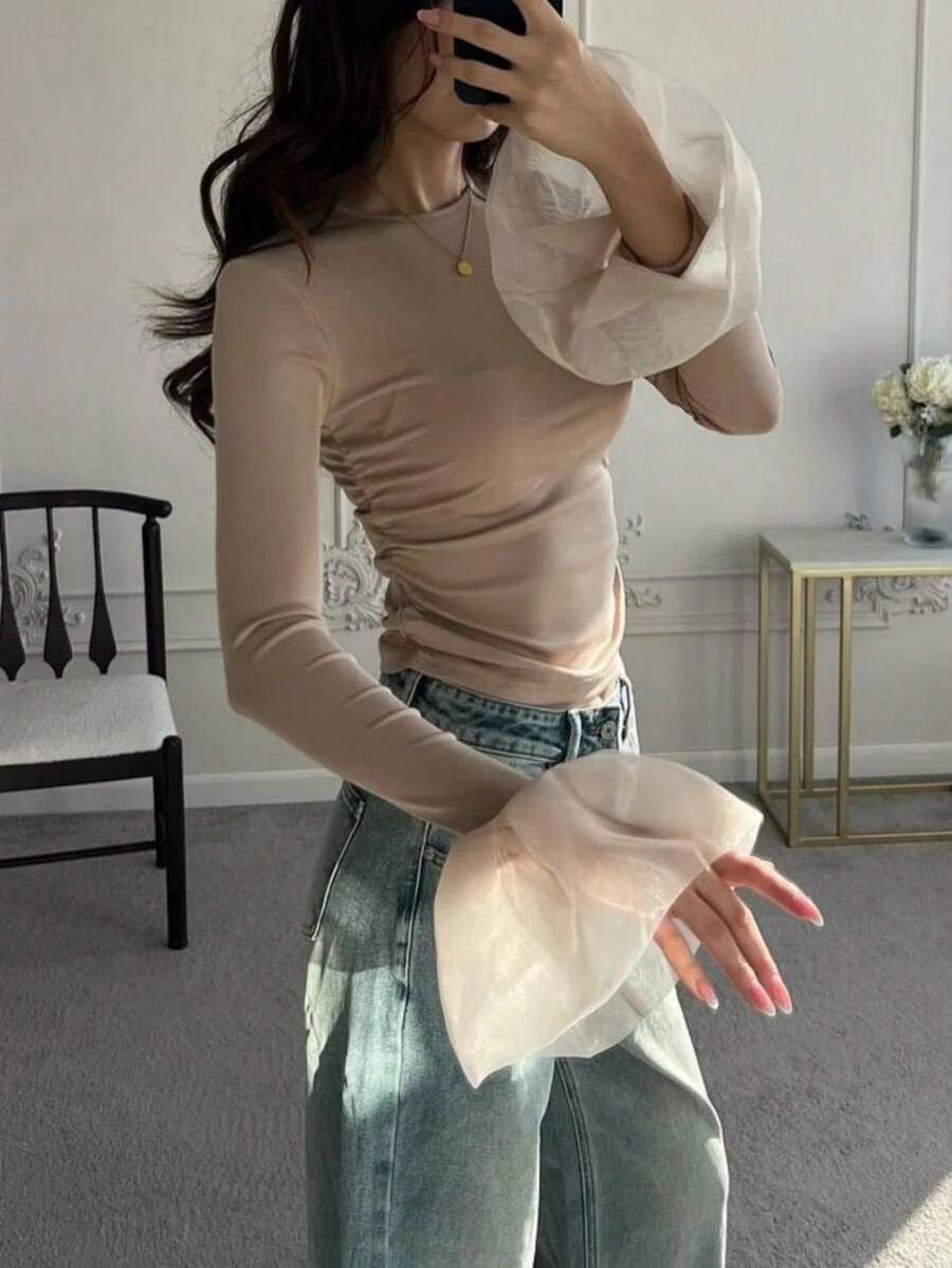 女士时尚优雅喇叭袖褶饰修身衬衫 - 杏色 - 查看 1