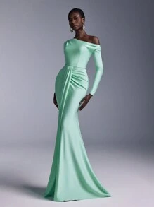 Elitara 优雅奢华弹力针织泳衣，褶皱长袖，美人鱼尾巴设计，适合婚礼、单身派对、节日、舞会、伴娘礼服（成人） - 薄荷綠 - 查看 6