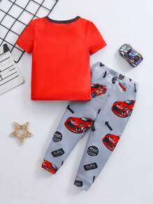 婴儿/男童圆领针织汽车印花休闲短袖连体衣，春夏 - 彩色 - 查看 2