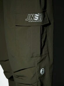 Back-To-School Tween Boy Olive Green Baggy Cargo Pants,Summer School Casual Elastic Waist 3M Reflective Letter Print Loose Wide Leg Jogger Pants - Army Green - View 8