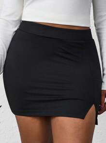 SHEIN PETITE CURVE Plus 女士纯色褶皱侧开衩下摆休闲黑色迷你裙，夏季服装 - 黑色 - 查看 4